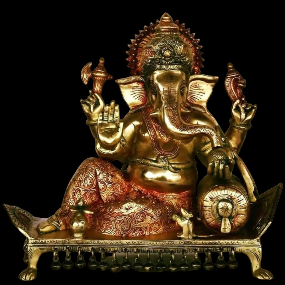 Lord Ganesha Seated on Chowki Figurine Exotic India Finish Height:15",Weiht:14.5 Kg.