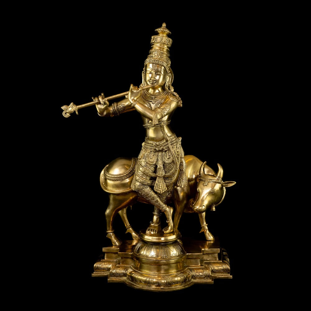 Brass Krishna with His Cow, Golden Color,Height:25 Inch,Weight:23.5 Kg.