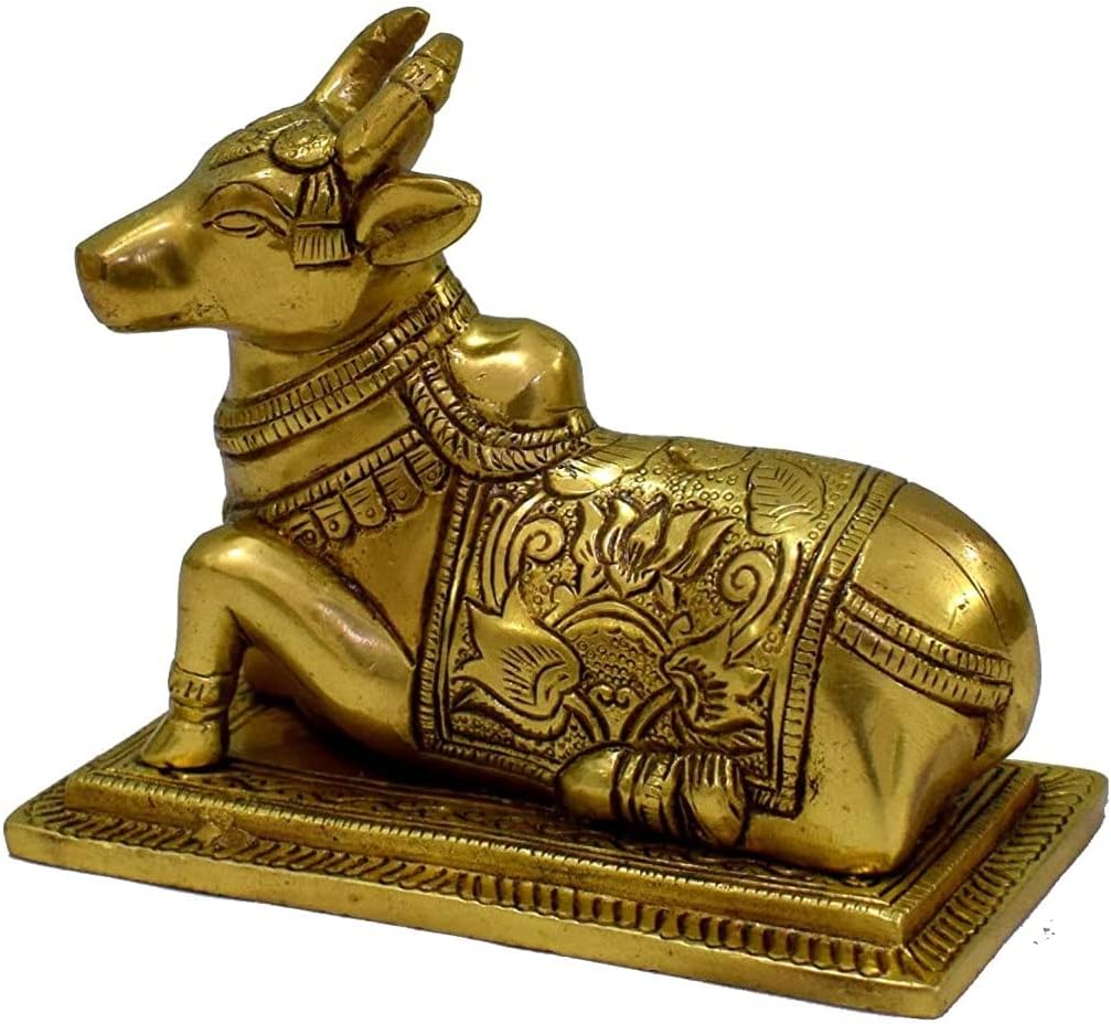 100% Pure Brass Sitting Nandi Cow Statue for Religious Home Puja Décor Showpiece Gift Nandi Cow and Calf Brass Statue/Idol/Showpiece/Decorative Diwali Gift Kamdhenu,Weight:1000 Gram,Length:4.5 Inch