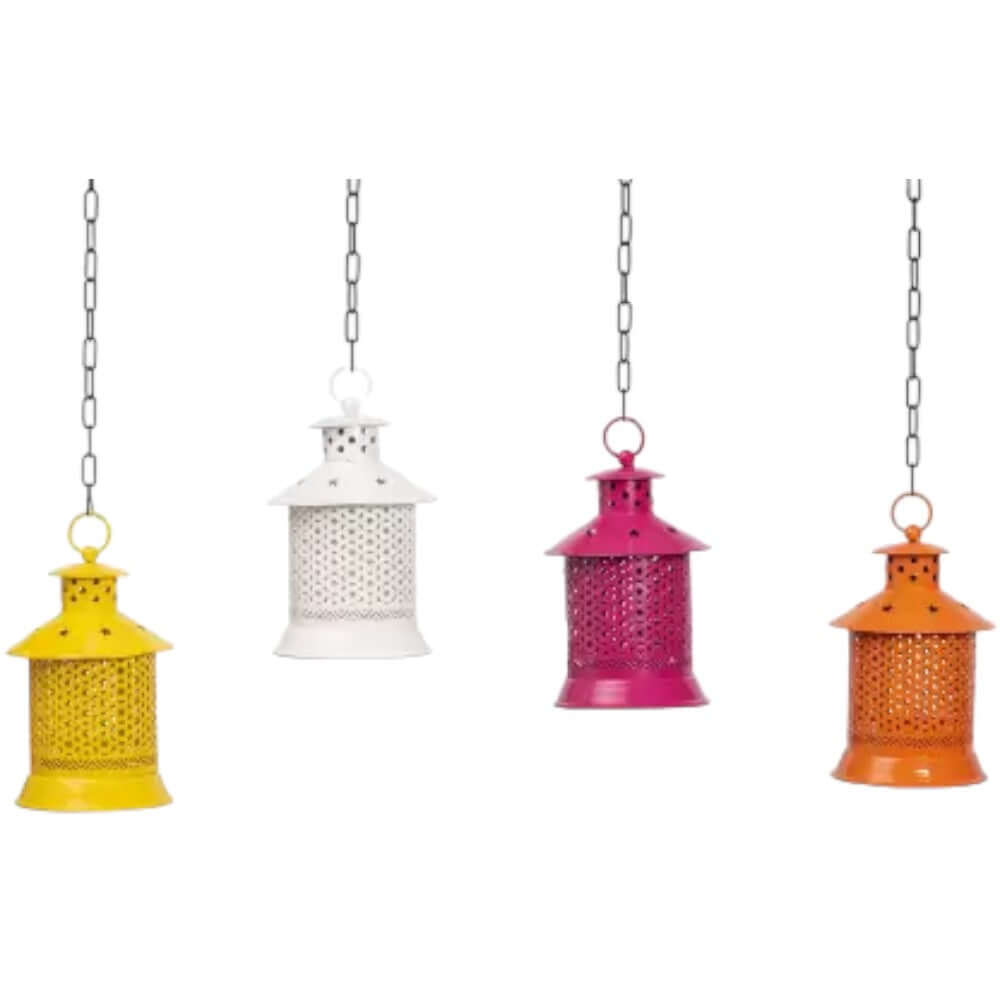 ROYALSTUFFS Tea Light Candle Holder Hanging Lantern for Home Decor and Gift Iron Tealight Holder Set (Multicolor, Pack of 4)