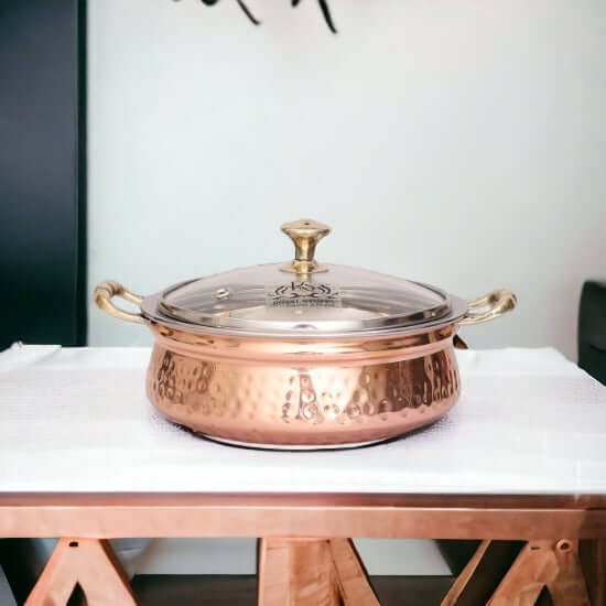400 ML Steel Copper Hammered Design Handi/Bowl/Casserole with Toughened Glass Lid - Royalstuffs.com