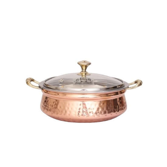 400 ML Steel Copper Hammered Design Handi/Bowl/Casserole with Toughened Glass Lid - Royalstuffs.com