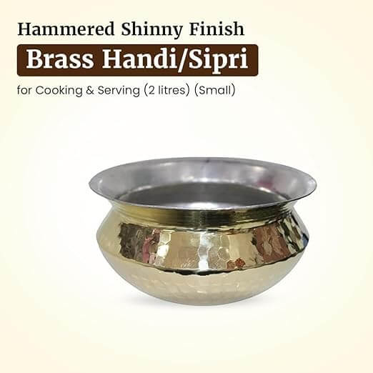 2 liter hammered brass handi pot for cooking and serving, showcasing a shiny finish, perfect for traditional dishes.