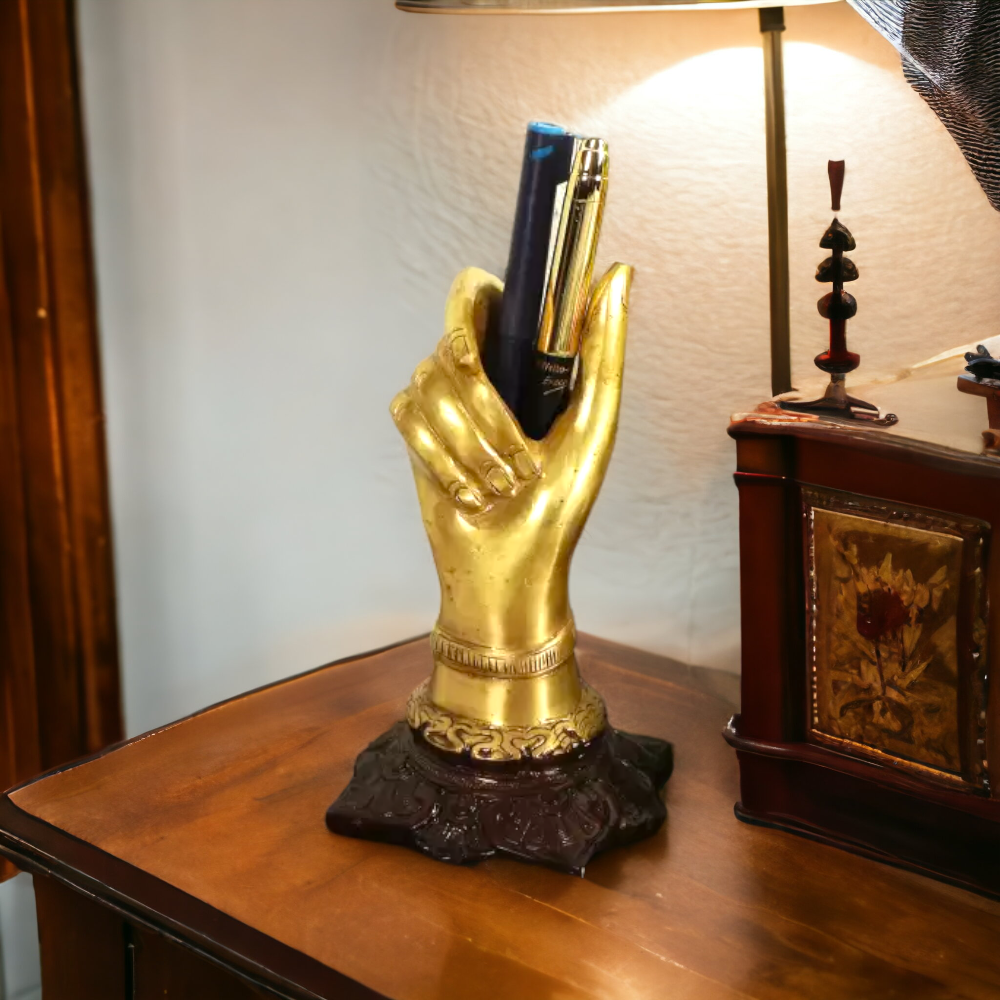 Brass Hand Shape Decorative Showpiece With Pen Holder - 16 cm  (Brass, Gold)