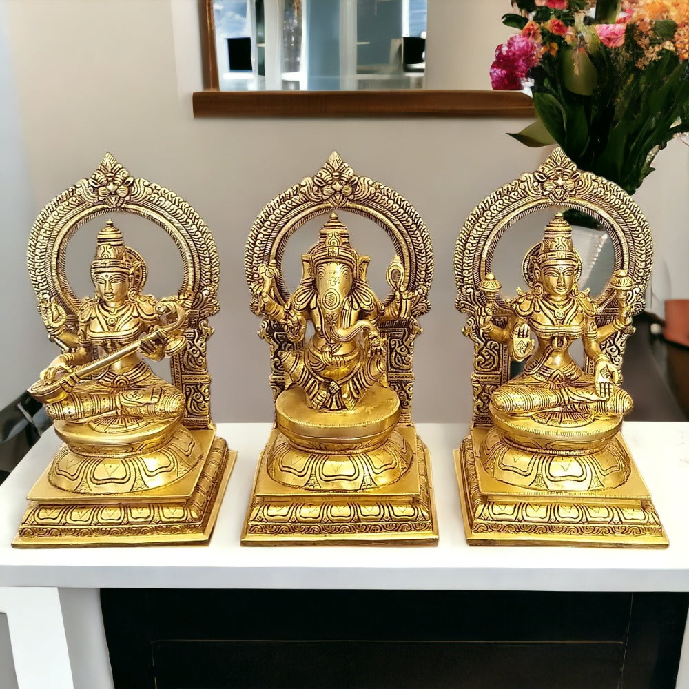 10" Brass Statues of Goddess Lakshmi, Ganesha and Saraswati,Weight:13.5 Kg