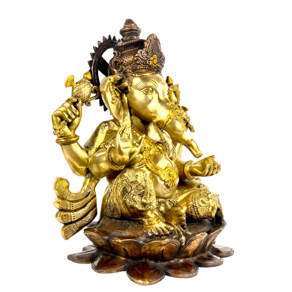 22" Large Size Lord Ganesha Seated in Easy Posture on Lotus in Brass | Handmade | Made in India, Color Exotic Triple Chola