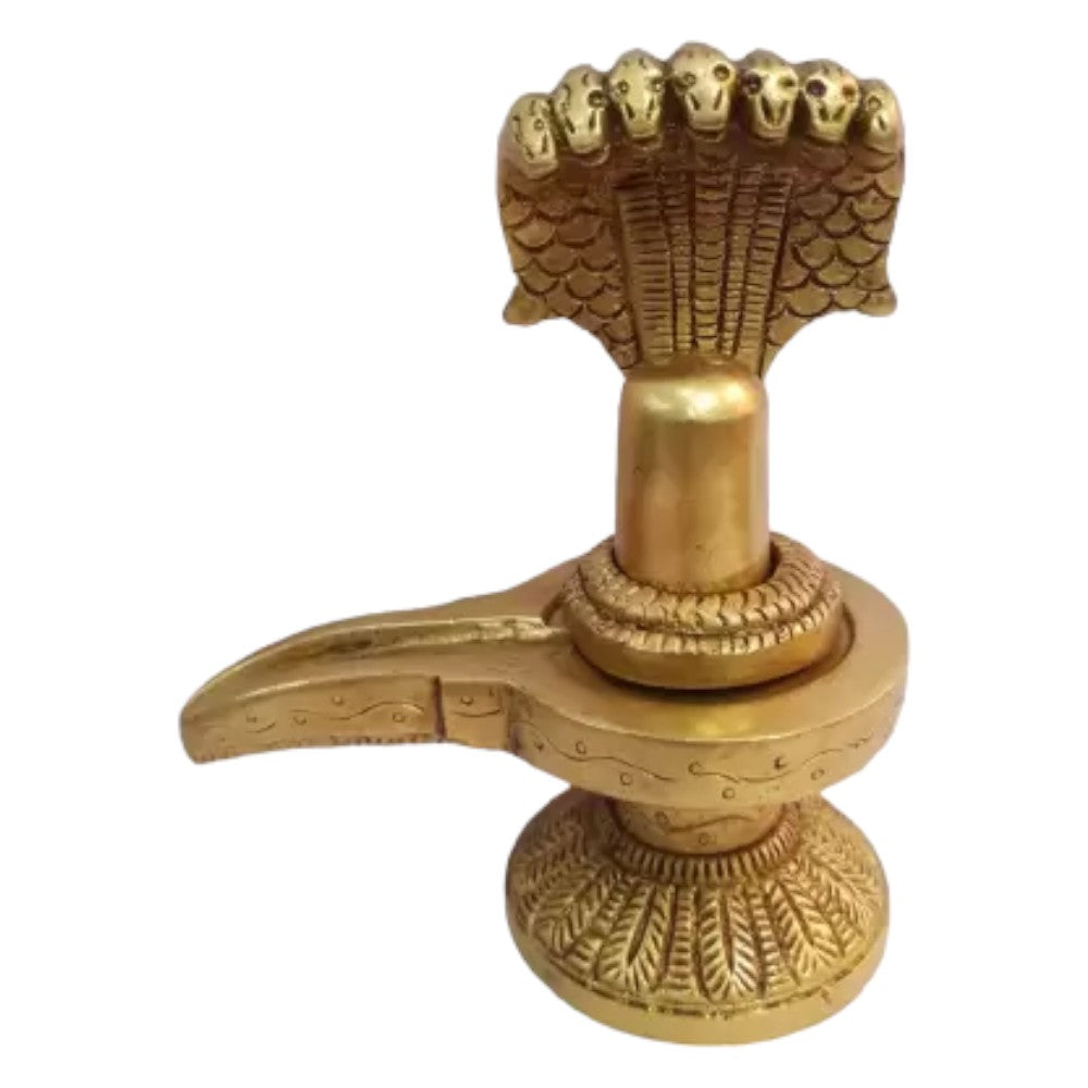 ROYALSTUFFS Brass Shivling with Hand Work on Snakes Decorative Showpiece - 5.5 Inch  (Brass, Gold)