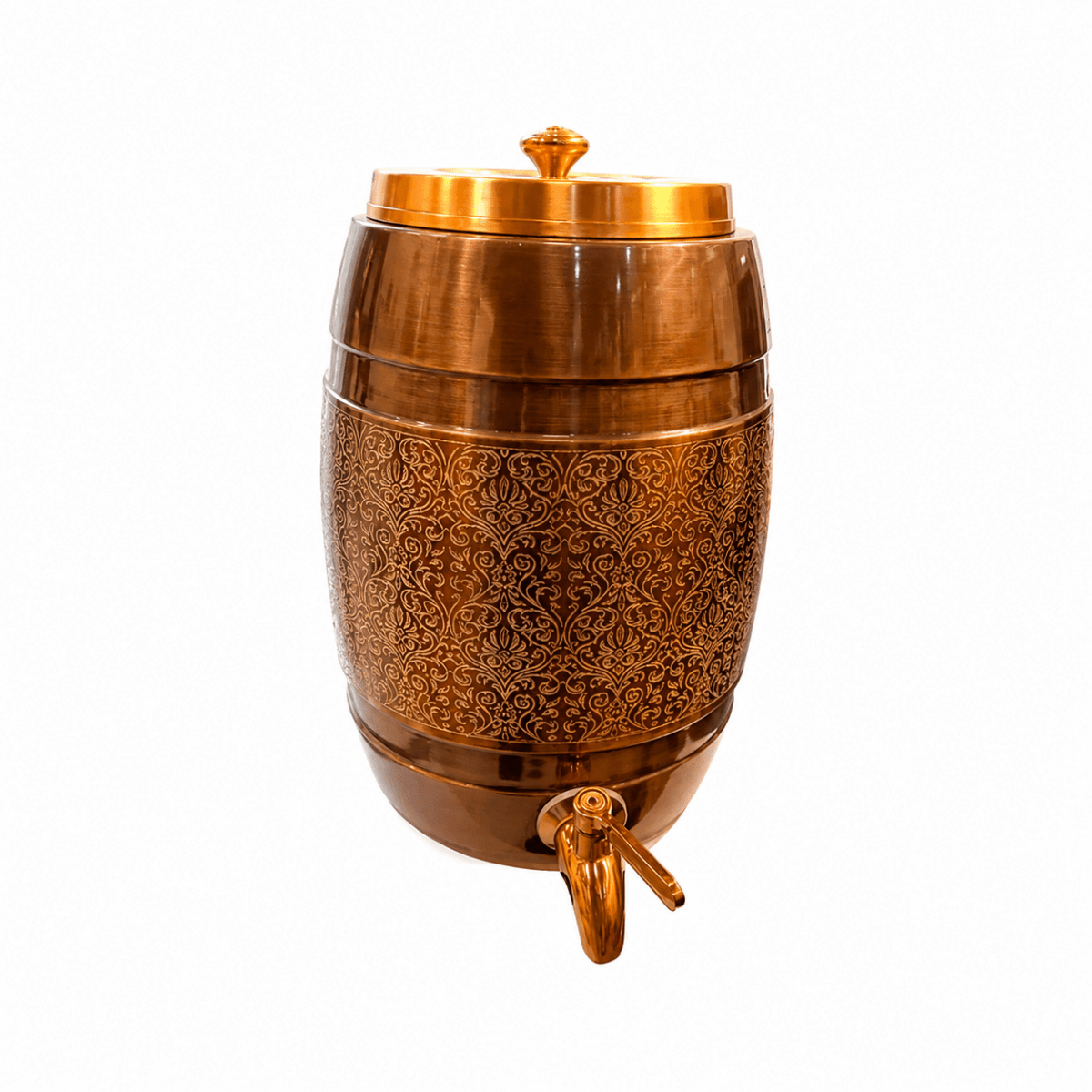 5 Liter Pure Copper Water Dispenser - Dholak Shape with Lesser Etching Antique Finish - 5000 ML - Royalstuffs.com