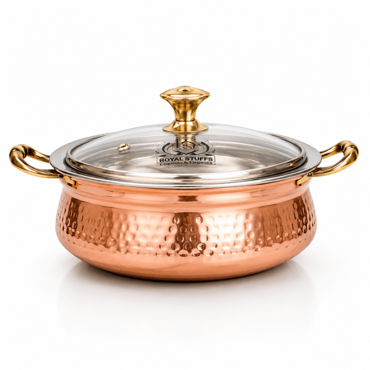 500 ML Steel Copper Hammered Design Handi/Bowl/Casserole with Toughened Glass Lid - Royalstuffs.com