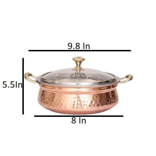 500 ML Steel Copper Hammered Design Handi/Bowl/Casserole with Toughened Glass Lid - Royalstuffs.com