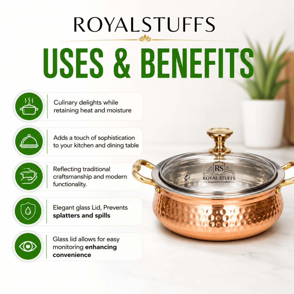 500 ML Steel Copper Hammered Design Handi/Bowl/Casserole with Toughened Glass Lid - Royalstuffs.com