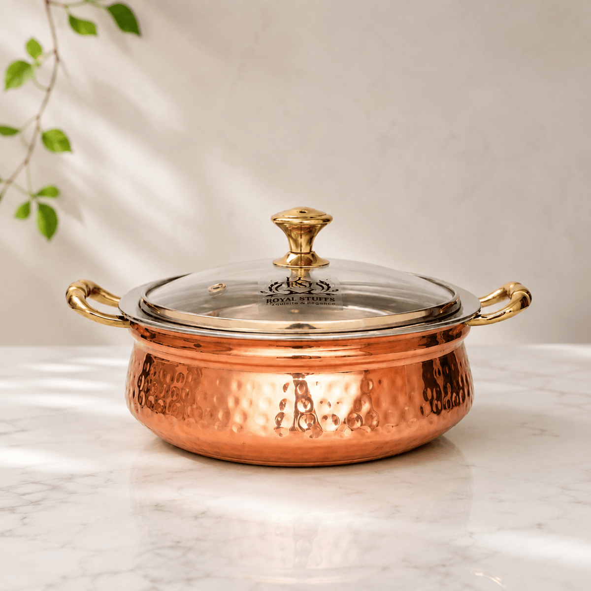 500 ML Steel Copper Hammered Design Handi/Bowl/Casserole with Toughened Glass Lid - Royalstuffs.com