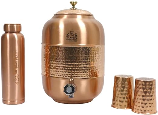 ROYALSTUFFS Pure copper Drinkware Water Dispenser Hammered Finish- Ayurveda Health Healing 8 Liter Storage Container Tank with Set of 2 Tumbler Glasses and 1 copper Bottle