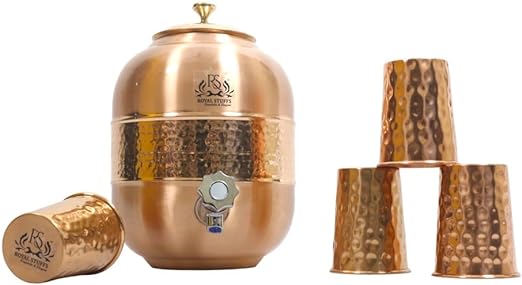 ROYALSTUFFS Pure Copper Drinkware Water Dispenser Hammered Finish- Ayurveda Health Healing 4 Liter Storage Water Container Tank With 4 Matching Tumbler Glasses