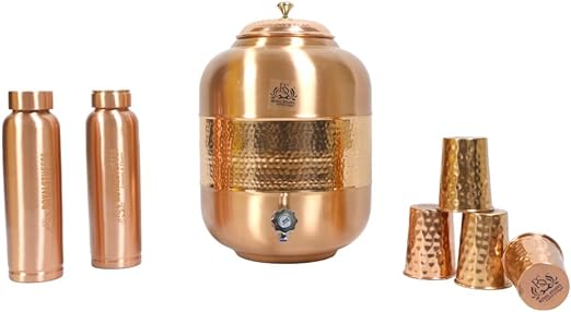 ROYALSTUFFS Pure Copper Drinkware Water Dispenser | Hammered Finish | Ayurveda Health Healing 8 Liters Storage Water Container Tank with Set of 4 Tumbler Glasses and 2 Copper Bottle