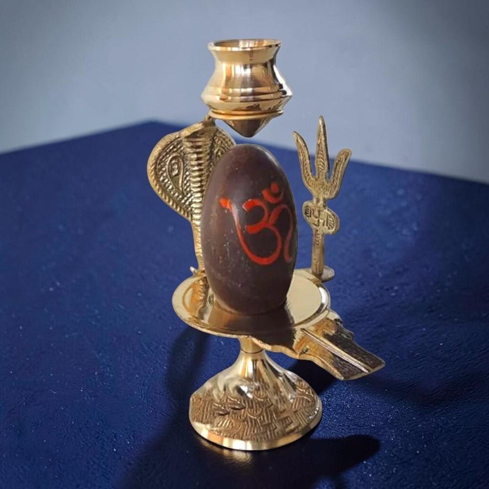 5.3 inch Narmadeshwar Shivling/Shiva Pindi with Brass Trishul, Sheshnaag & Temple Stand - Royalstuffs.com