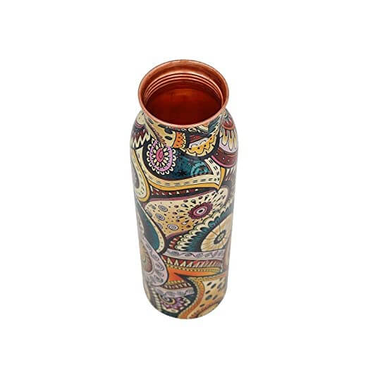 Copper Water Bottle - Colorful Paisley Joint Less Leak Proof Ayurveda Health Benefit Vessel for Sports and Yoga - 1000 ML