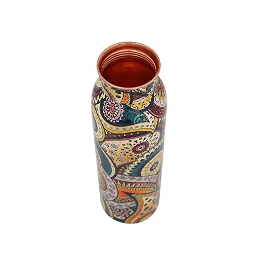 Copper Water Bottle - Colorful Paisley Joint Less Leak Proof Ayurveda Health Benefit Vessel for Sports and Yoga - 1000 ML