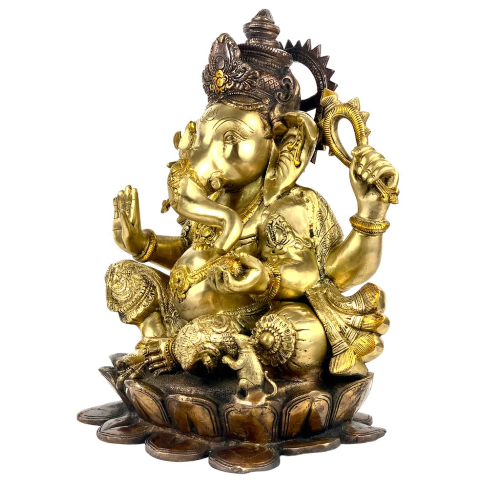 22" Large Size Lord Ganesha Seated in Easy Posture on Lotus in Brass | Handmade | Made in India, Color Exotic Triple Chola