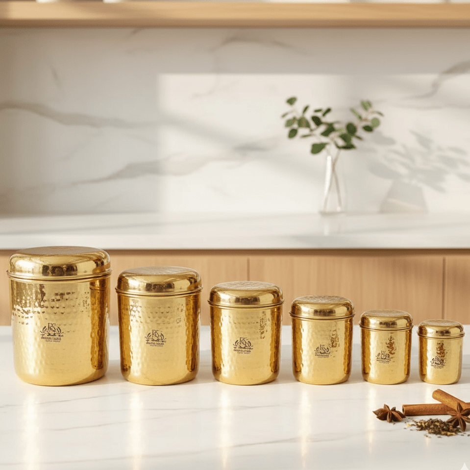 6 All Size Set of Brass Containers | Brass Storage Boxes | Brass Dabba - Royalstuffs.com