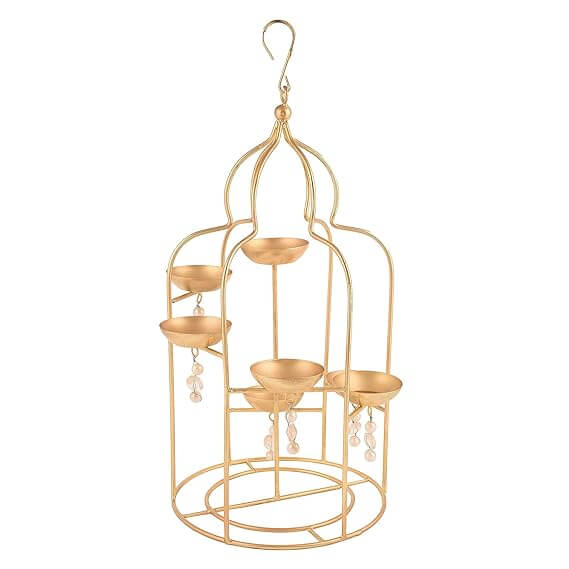 ROYALSTUFFS  Metal Hanging Lantern with Beads Home Decoration for Bedroom, Livingroom, Home Office Ideal for Gifting - Matte Gold
