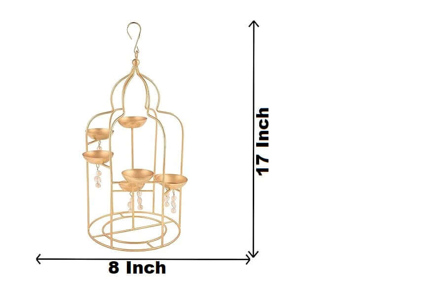 ROYALSTUFFS  Metal Hanging Lantern with Beads Home Decoration for Bedroom, Livingroom, Home Office Ideal for Gifting - Matte Gold