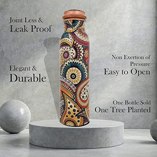 Copper Water Bottle - Colorful Paisley Joint Less Leak Proof Ayurveda Health Benefit Vessel for Sports and Yoga - 1000 ML