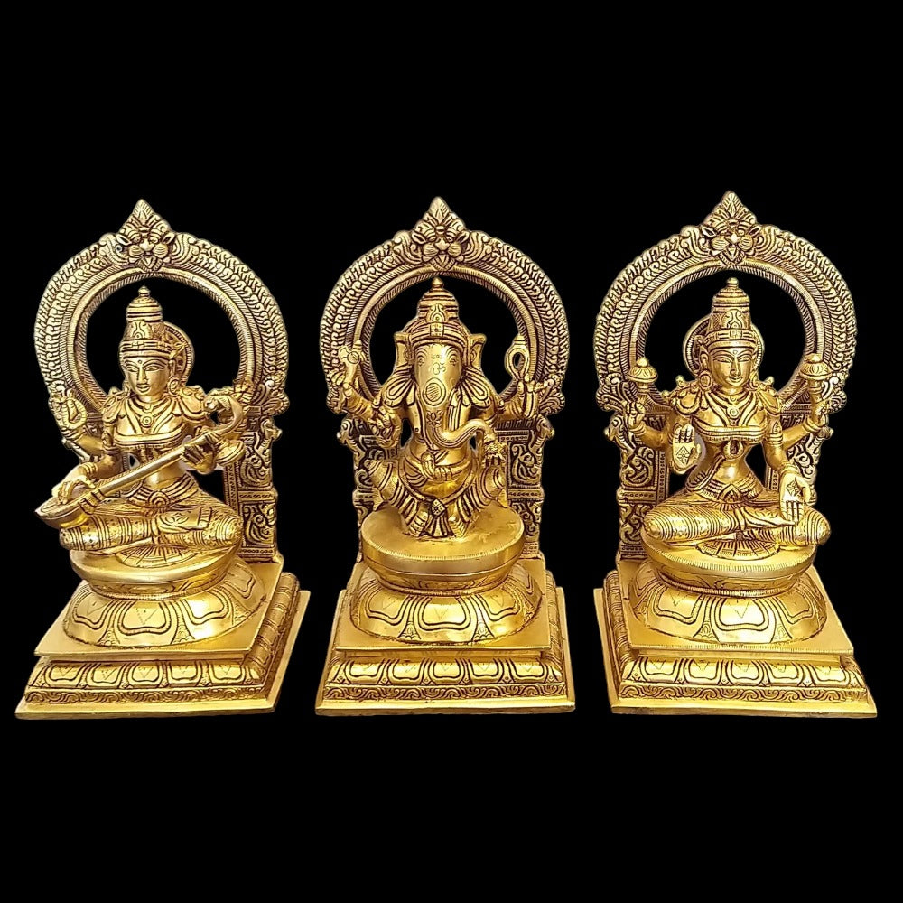 10" Brass Statues of Goddess Lakshmi, Ganesha and Saraswati,Weight:13.5 Kg