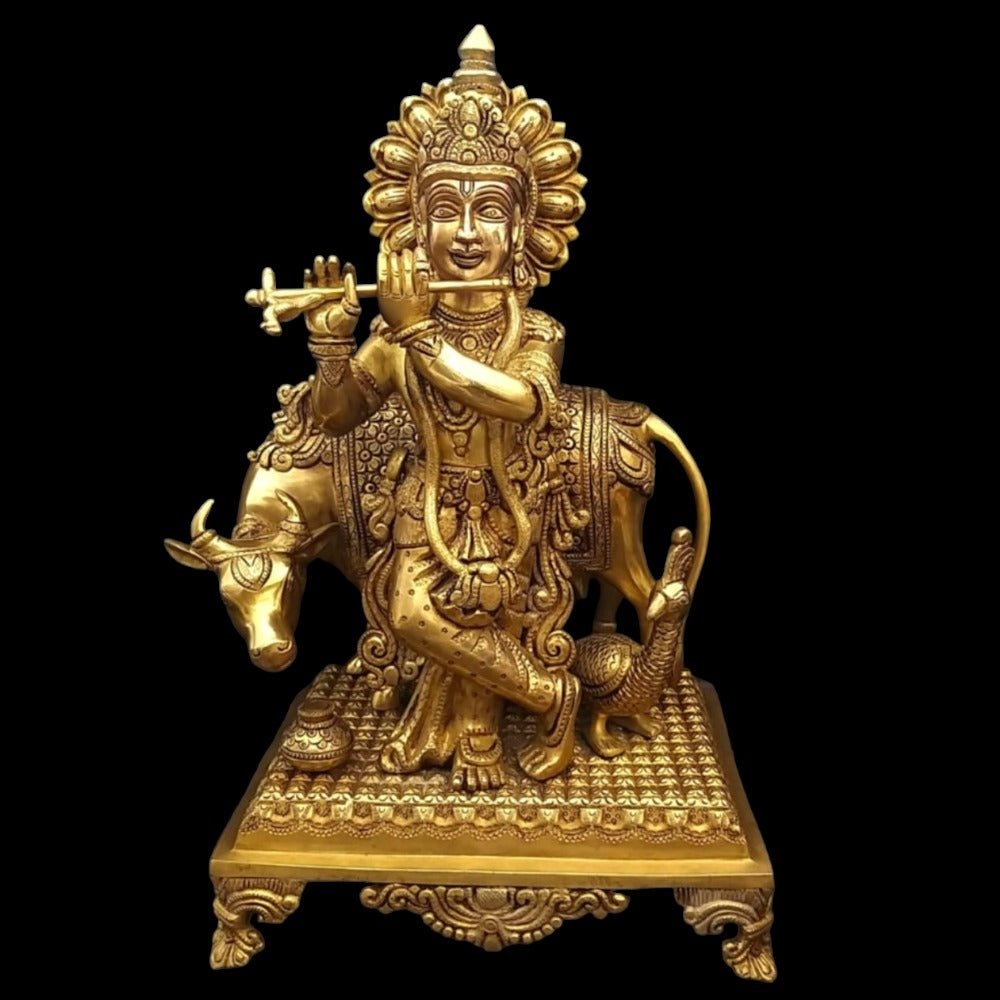 Lord Krishna Brass Statue with Cow,Height:16 Inch,Width:9 Inch,Weight:9 Kg