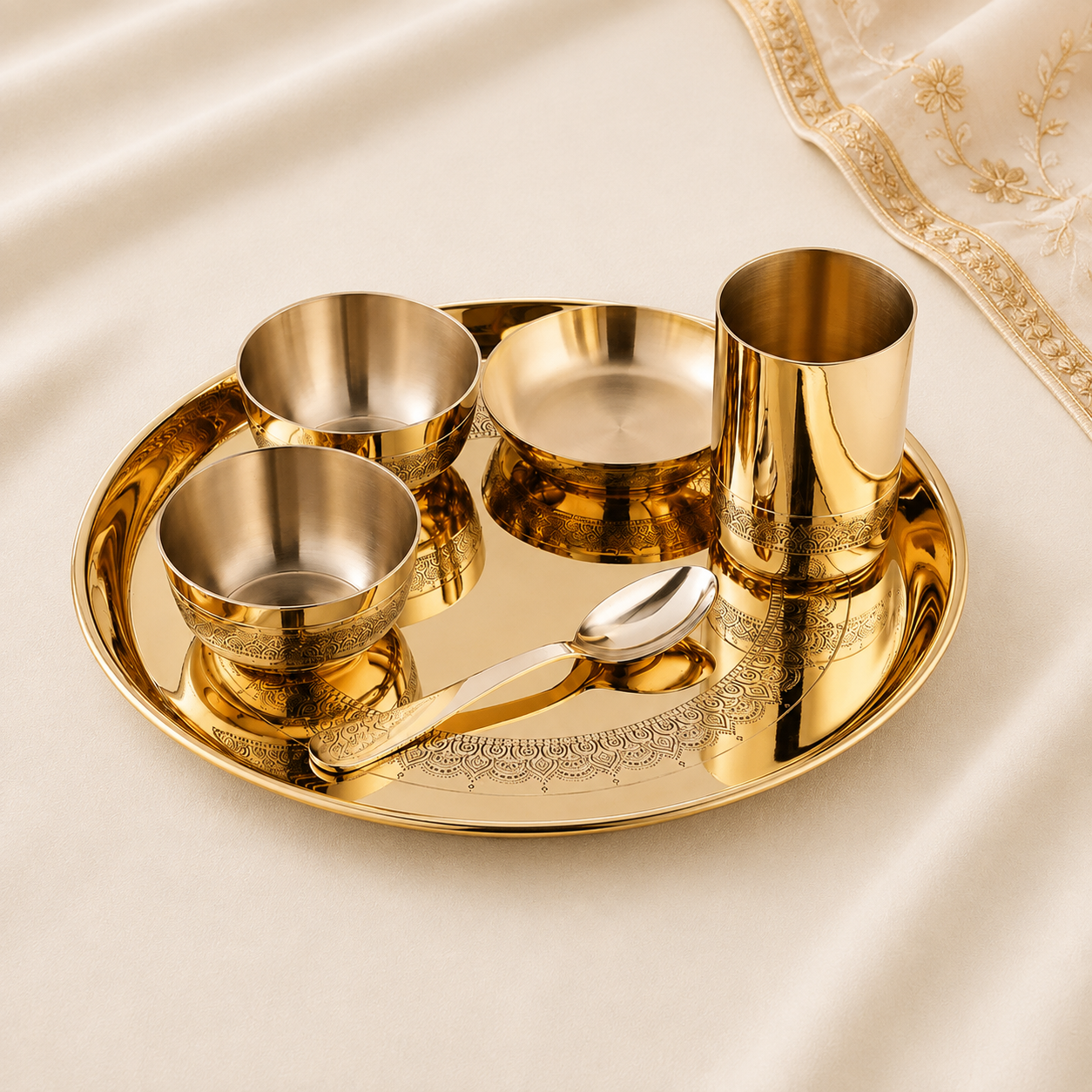 Viraasat Brass Thaali Set – 6 Pcs Handcrafted Dinnerware