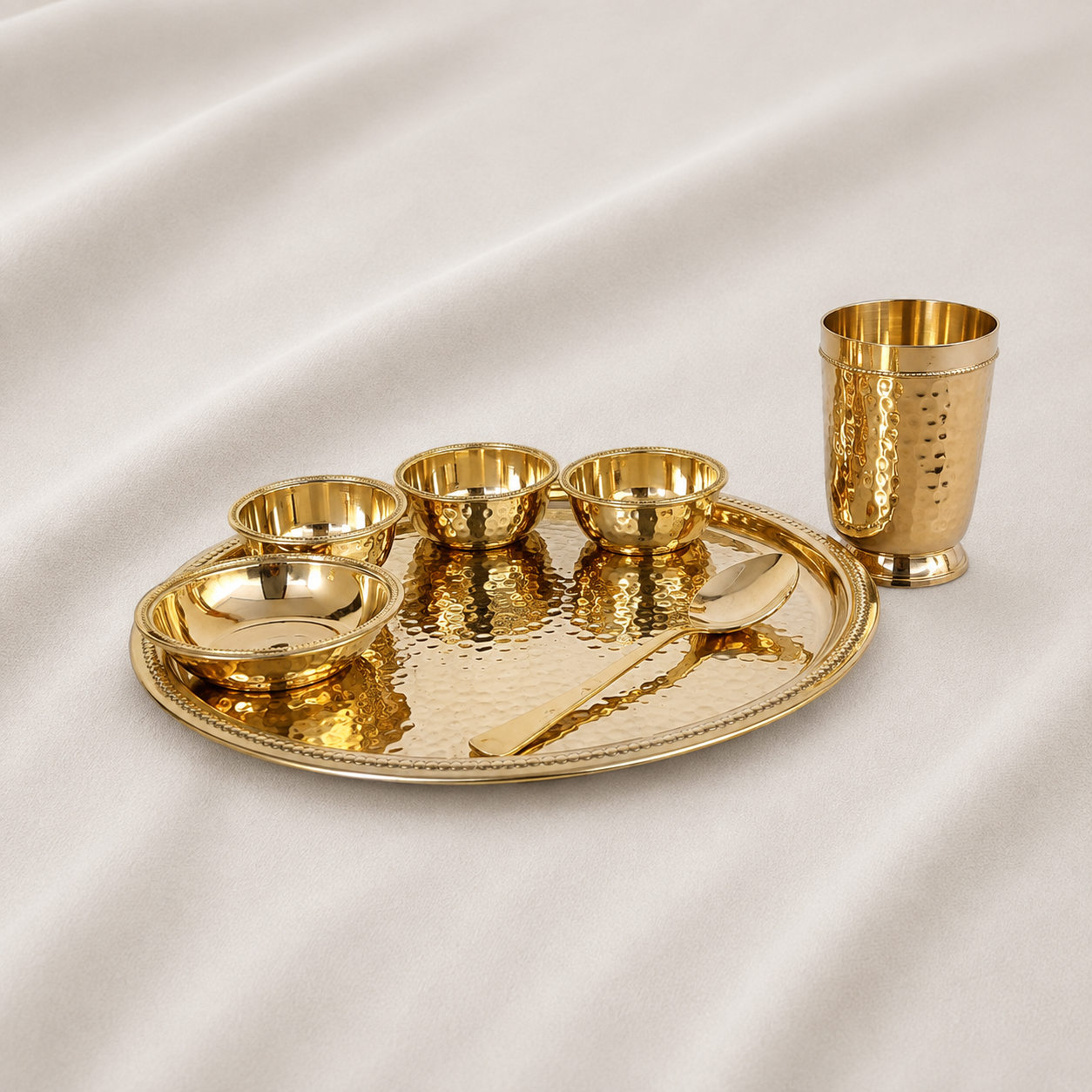 Pure Brass Hammered 7-Piece Dinner Set / Thali Set with Beaded Line Design