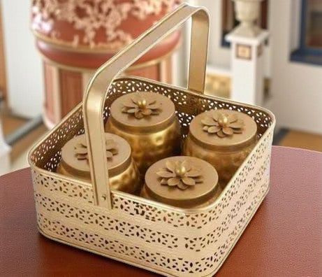 Style Handicrafts Metal Basket with Copper Jar Tray set 4 Copper Flower Container, Dry Fruits Candys Gifts Set for Office, Home Decor Table Decoration Item.