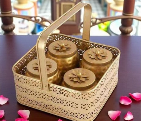 Style Handicrafts Metal Basket with Copper Jar Tray set 4 Copper Flower Container, Dry Fruits Candys Gifts Set for Office, Home Decor Table Decoration Item.