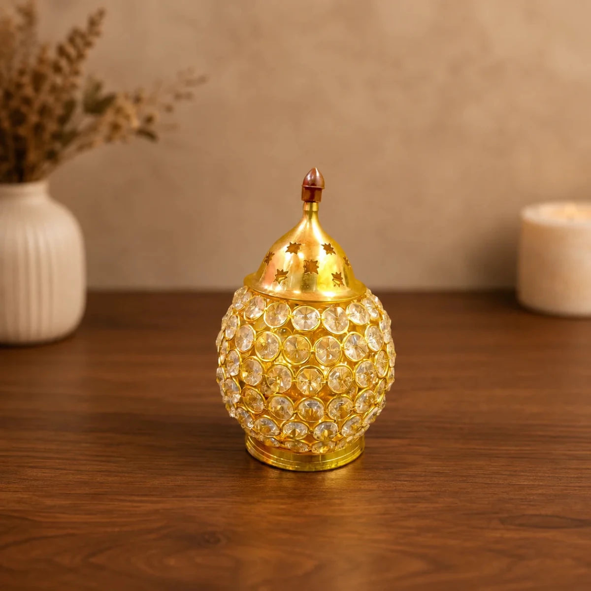 7-Inch Brass Crystal Matki Shape Akhand Jyoti Diya - Royalstuffs.com