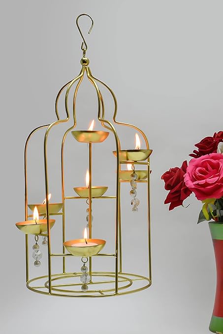 ROYALSTUFFS  Metal Hanging Lantern with Beads Home Decoration for Bedroom, Livingroom, Home Office Ideal for Gifting - Matte Gold 