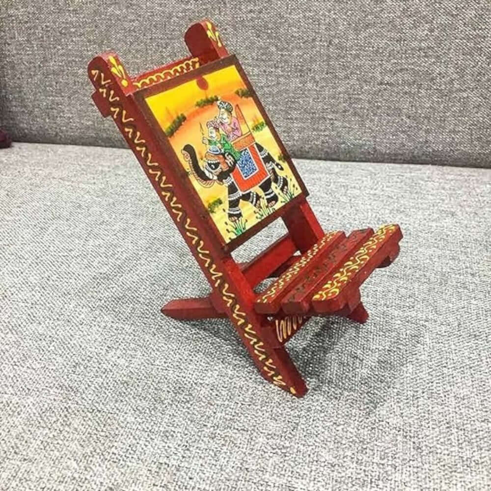 Mobile Stand Wooden Hand Painted Vintage Traditional Indian Design - Compatible with All Phones. Color: Orange