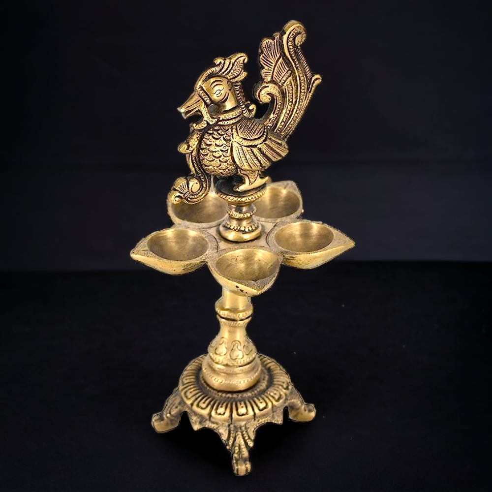 Brass Peacock Design 5 Oil Wick Diya (9.5 inches)