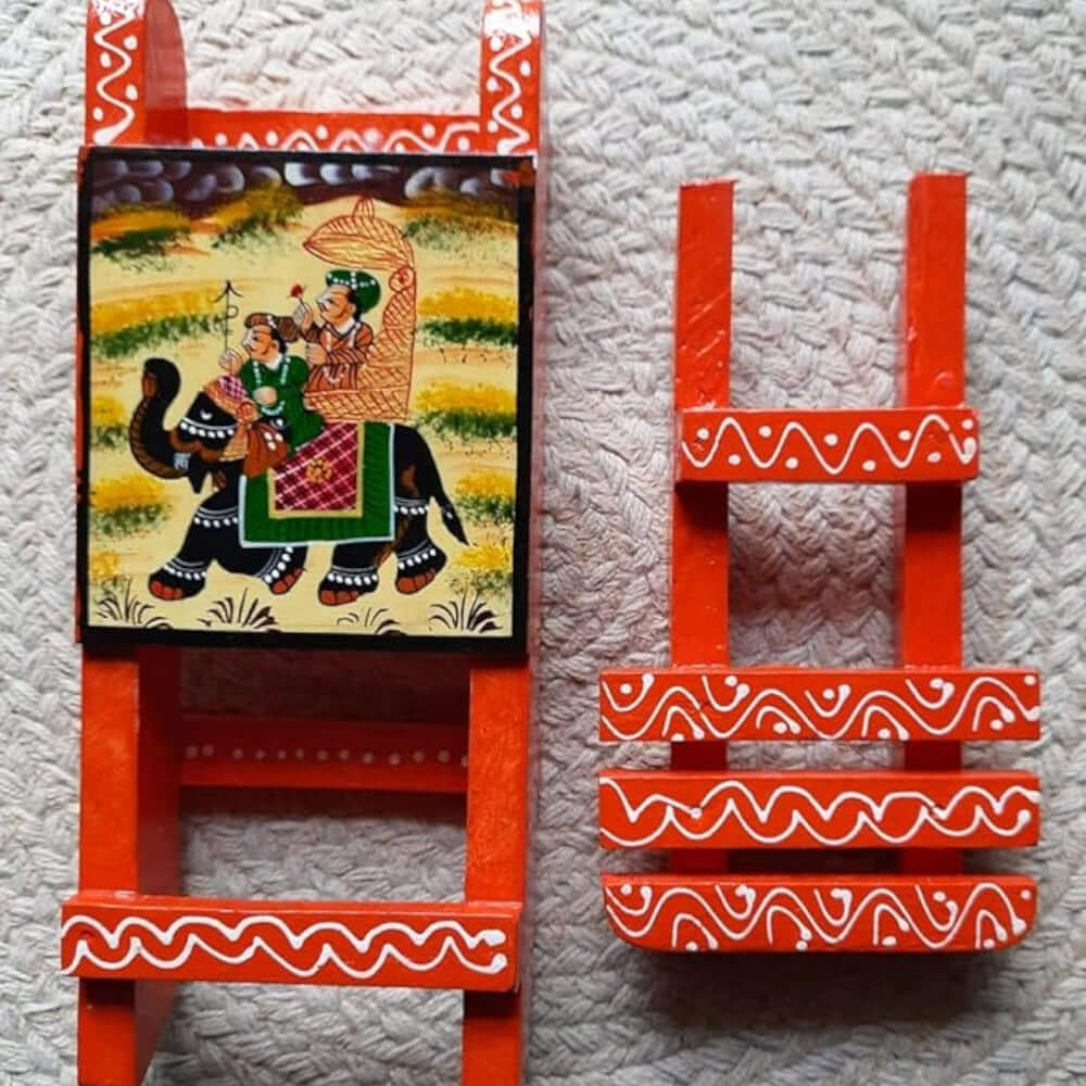 Mobile Stand Wooden Hand Painted Vintage Traditional Indian Design - Compatible with All Phones. Color: Orange