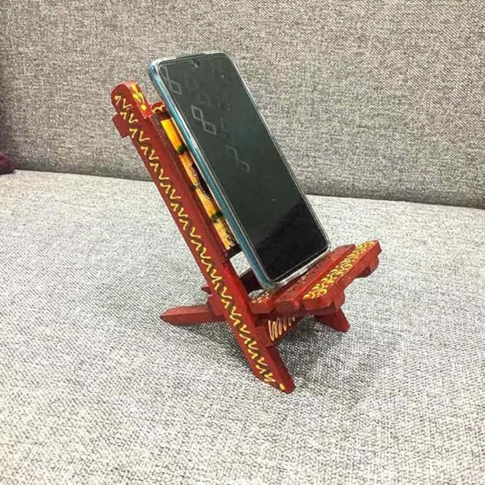 Mobile Stand Wooden Hand Painted Vintage Traditional Indian Design - Compatible with All Phones. Color: Orange