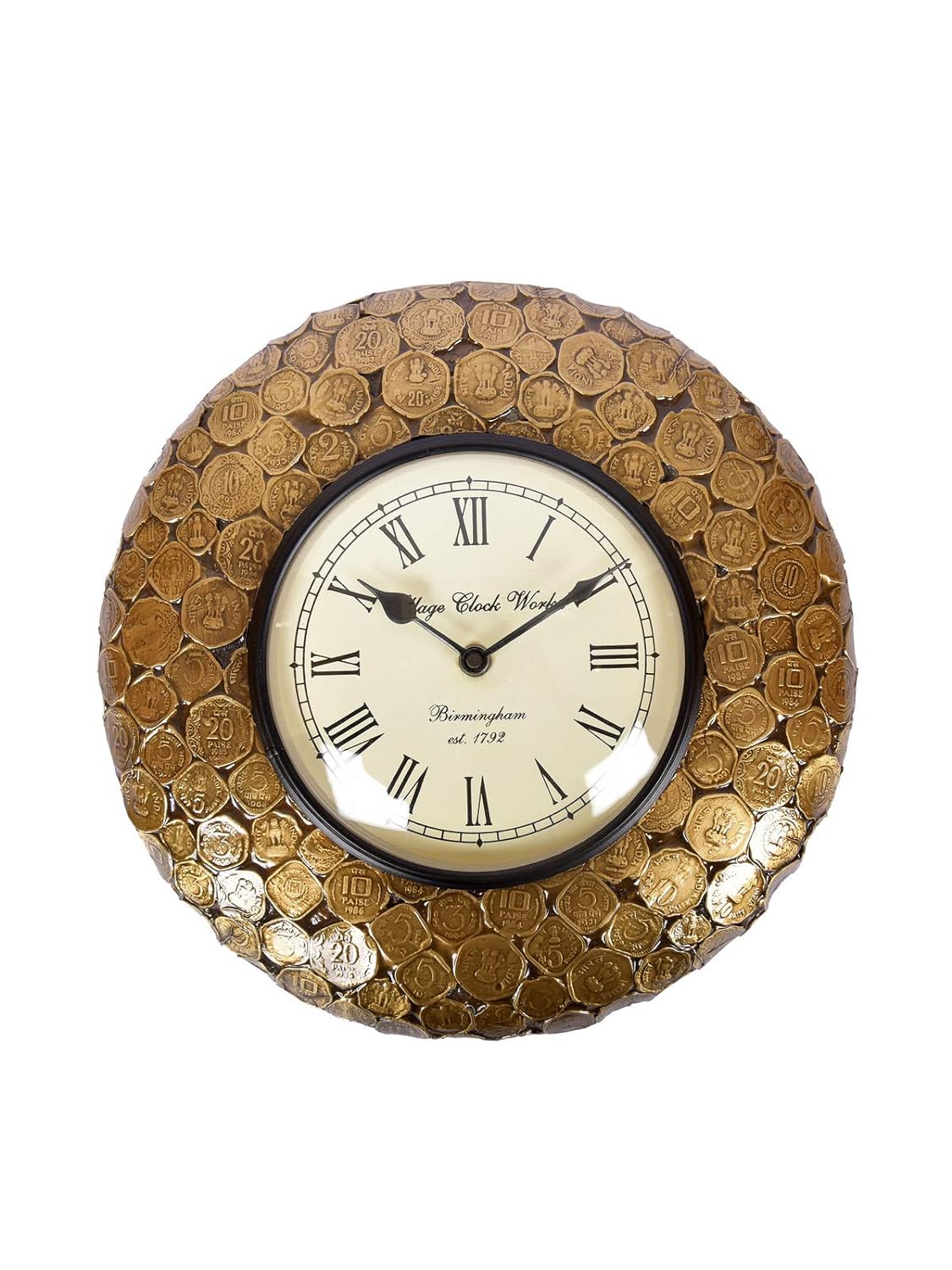 Wood Brass Metal Coin Embossed Indian Vintage Analog Wall Clock (Gold, 12x12 Inch)