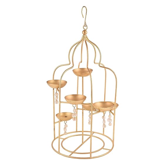 ROYALSTUFFS  Metal Hanging Lantern with Beads Home Decoration for Bedroom, Livingroom, Home Office Ideal for Gifting - Matte Gold 