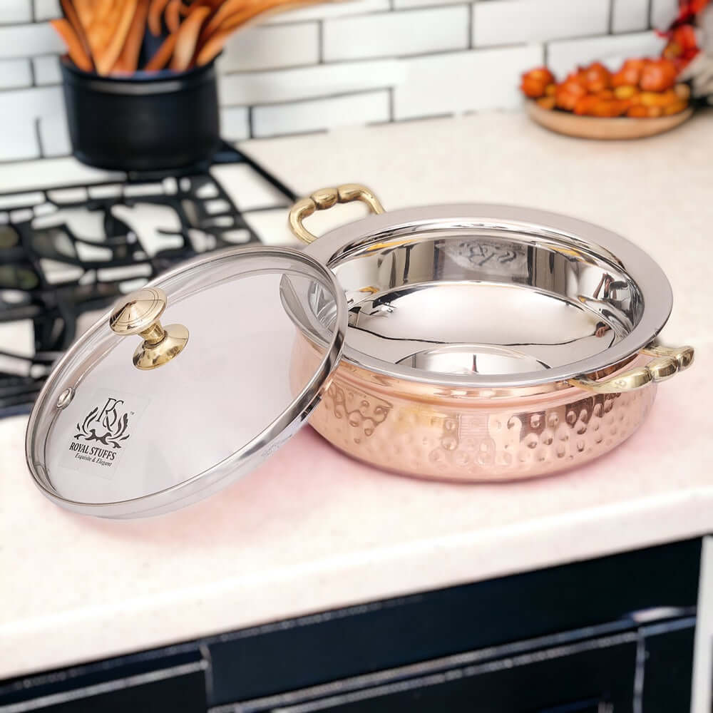 780 ML Steel Copper Hammered Design Handi/Bowl/Casserole with Toughened Glass Lid - Royalstuffs.com