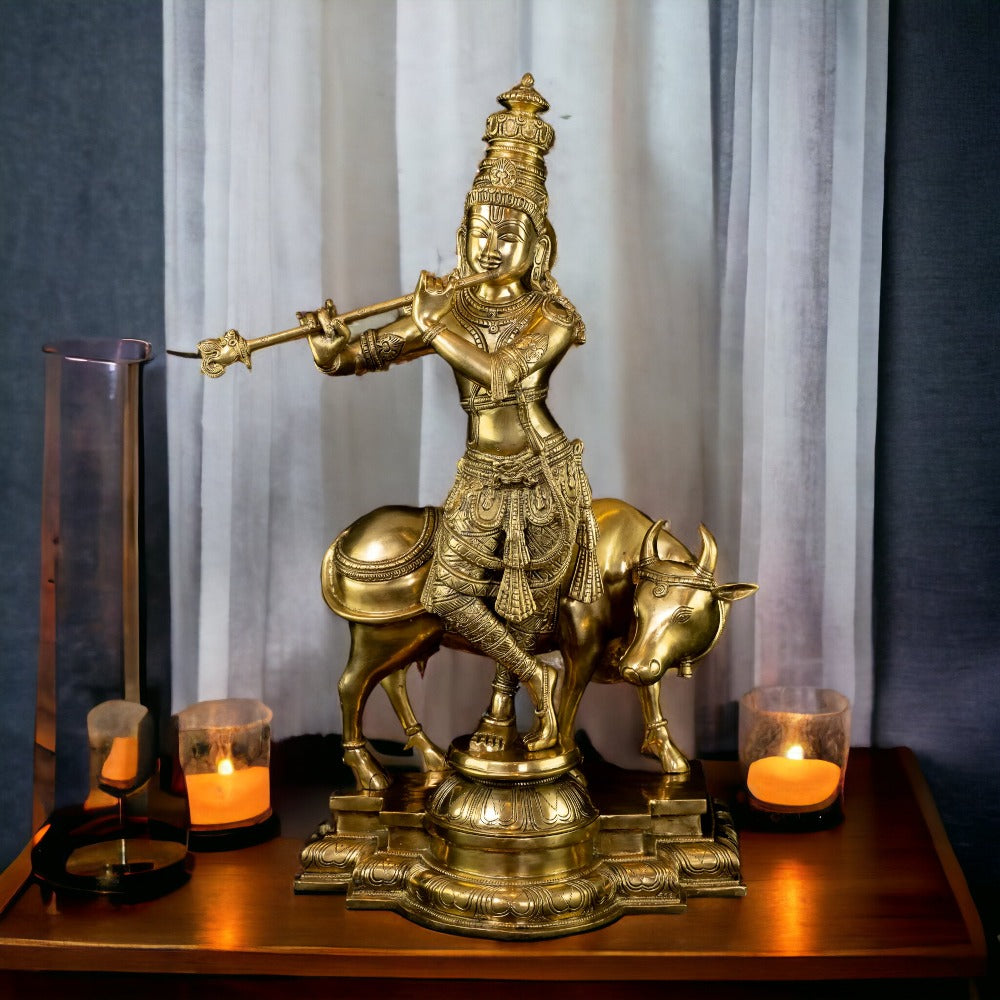 Brass Krishna with His Cow, Golden Color,Height:25 Inch,Weight:23.5 Kg.