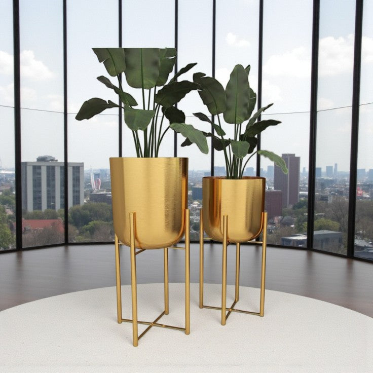 CosmoLiving Decorative Gold Metal Glam Planter Set of 2 with Modern Stand