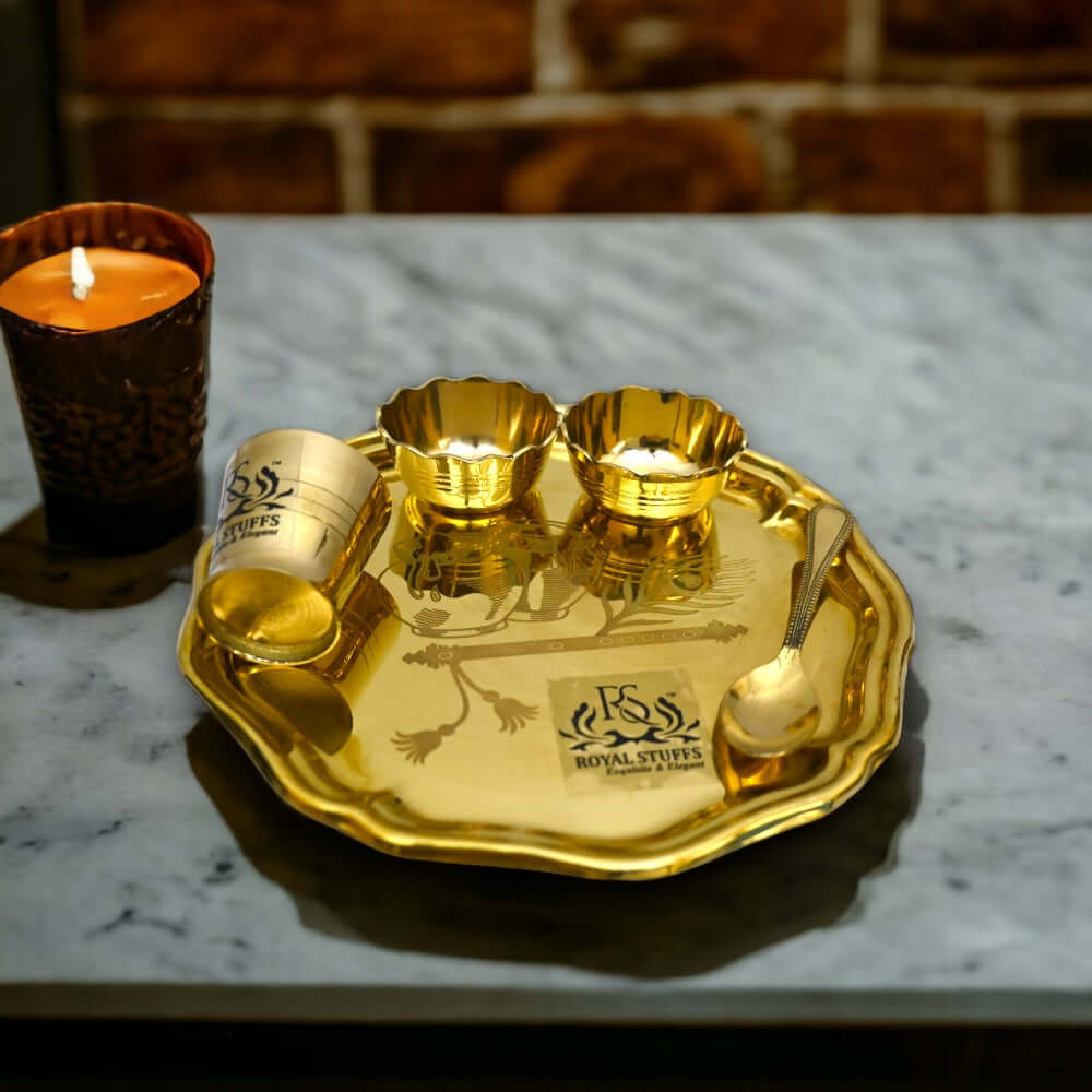 8 Inch 5 Items Brass Thali set, 1 Thali 2 Bowls,1 Glass and 1 Spoon Dinner Set (Gold),Weight: 275 Gram - Royalstuffs.com