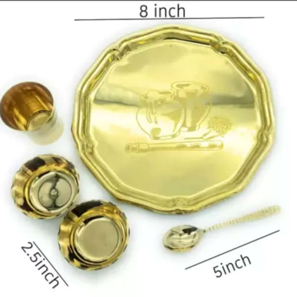 8 Inch 5 Items Brass Thali set, 1 Thali 2 Bowls,1 Glass and 1 Spoon Dinner Set (Gold),Weight: 275 Gram - Royalstuffs.com