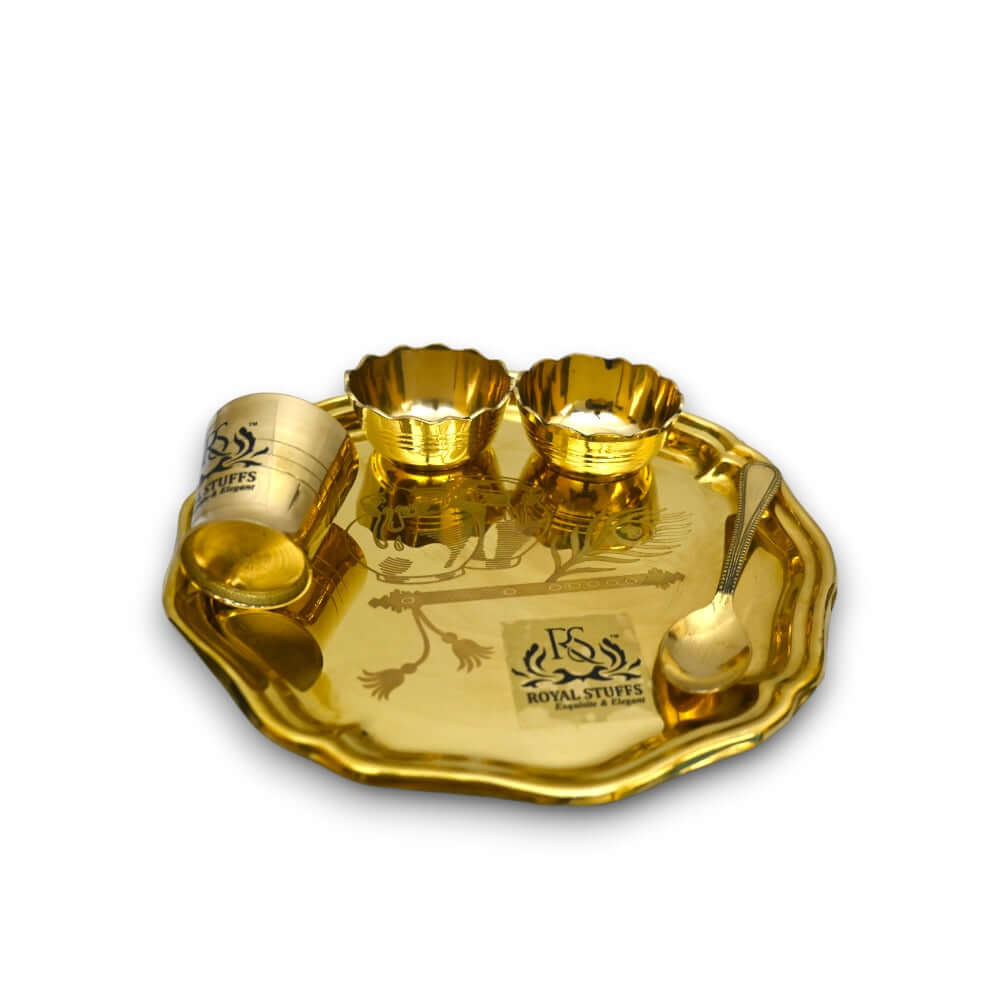 8 Inch 5 Items Brass Thali set, 1 Thali 2 Bowls,1 Glass and 1 Spoon Dinner Set (Gold),Weight: 275 Gram - Royalstuffs.com