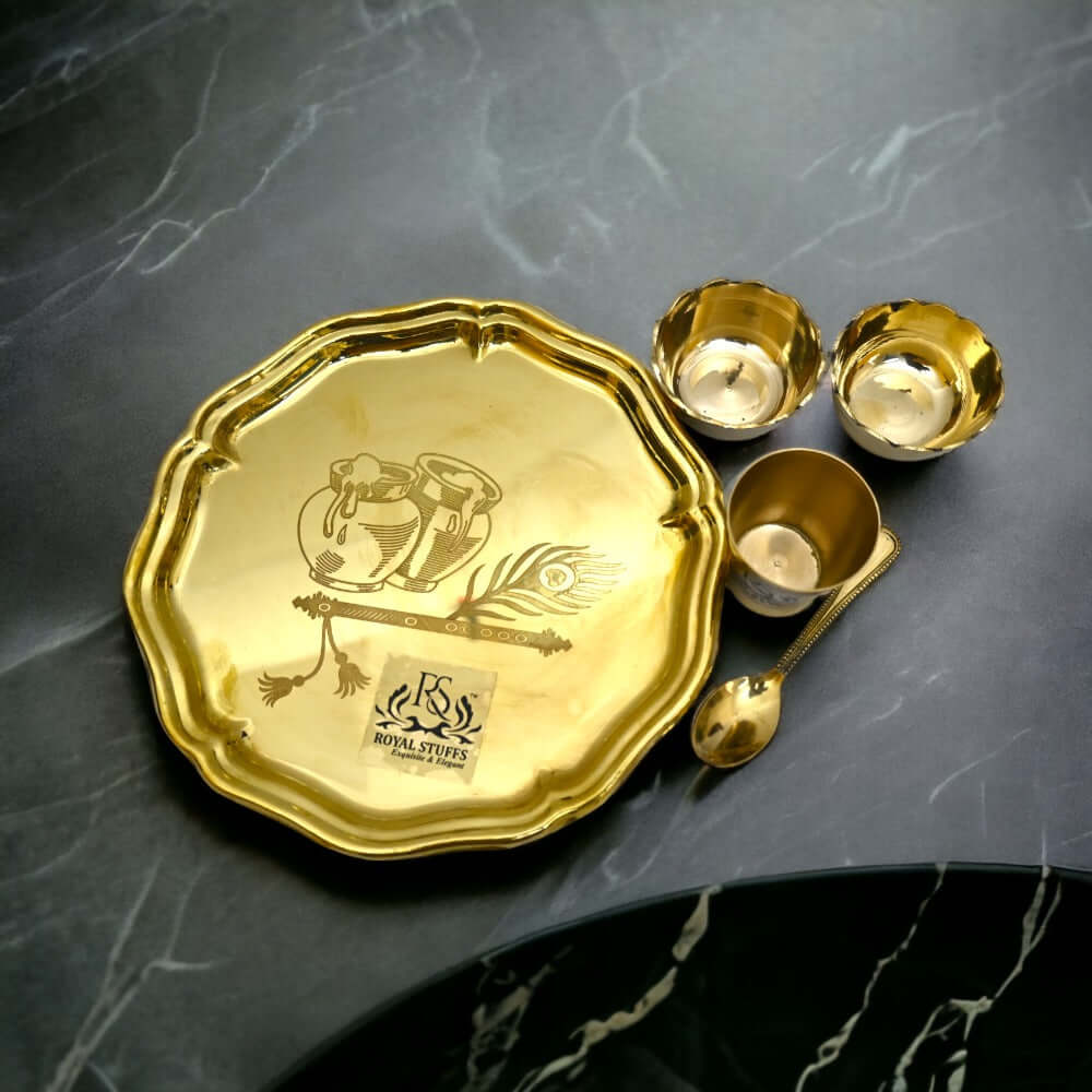 8 Inch 5 Items Brass Thali set, 1 Thali 2 Bowls,1 Glass and 1 Spoon Dinner Set (Gold),Weight: 275 Gram - Royalstuffs.com