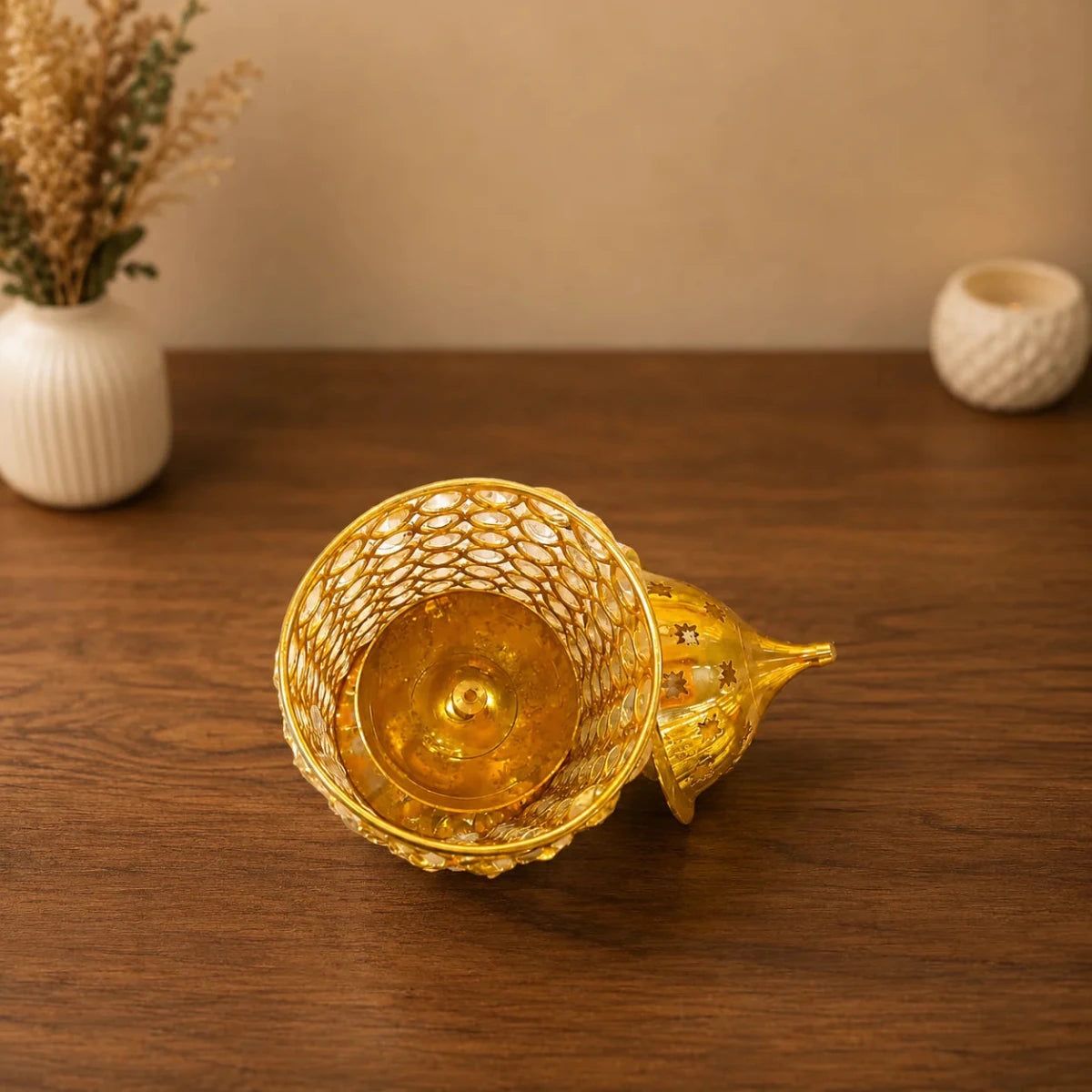 8-Inch Brass Akhand Jyoti Crystal Diya - Royalstuffs.com