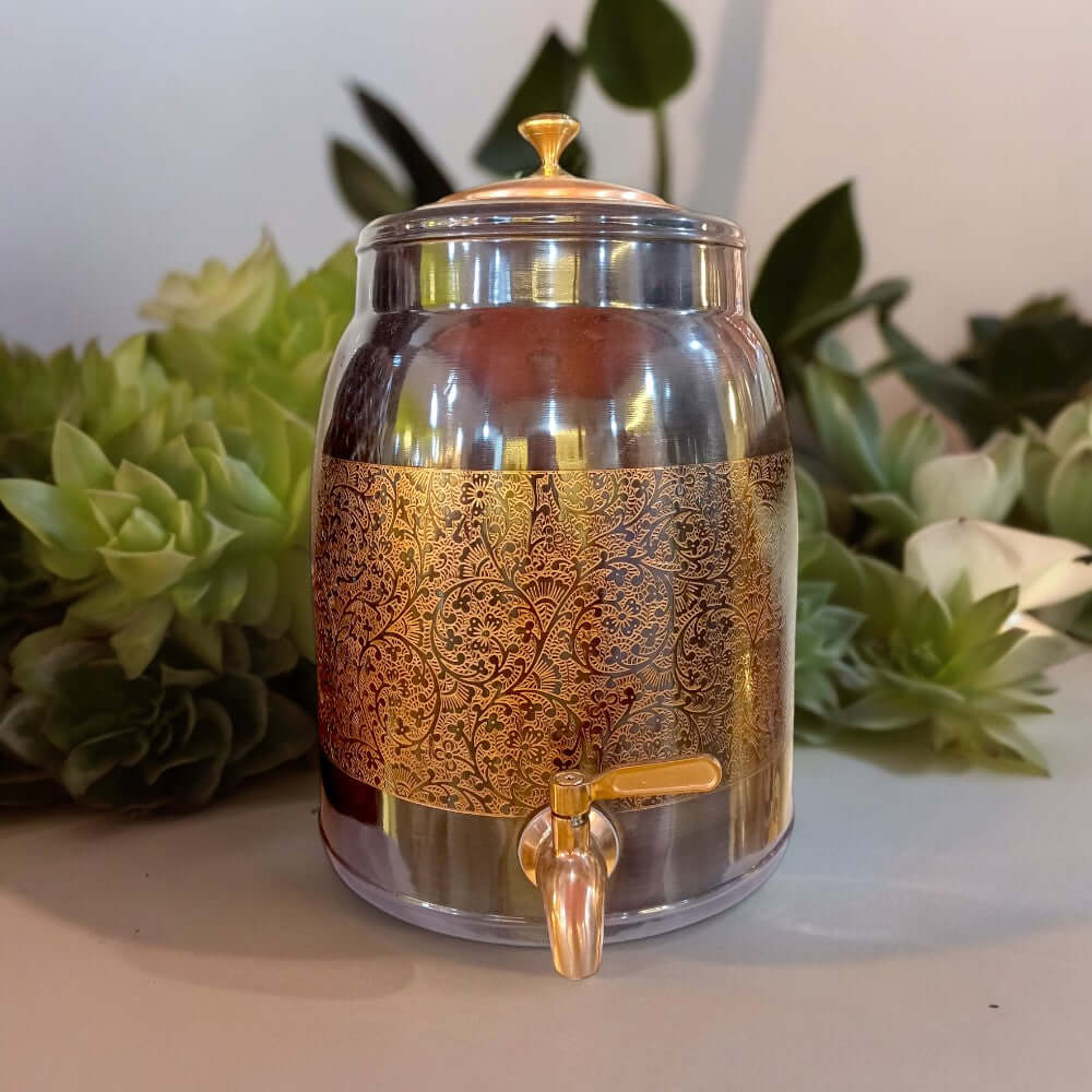 8 Liter Pure Copper Water Dispenser with Lesser Etching Antique Finish - 8000ML - Royalstuffs.com